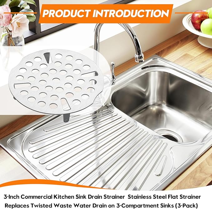 3-Inch Commercial Kitchen Sink Drain Strainer, Stainless Steel Flat Strainer, Replaces Twisted Waste Water Drain on 3-Compartment Sinks (3-Pack)
