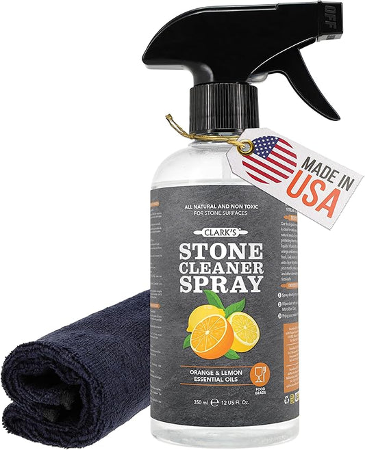 CLARK'S Natural Stone Spray Cleaner, with Microfiber Cloth for Soapstone, Granite, Quartz, Marble, & other Countertop Surfaces – Pure Ingredients to Keep Stone Protected, Citrus Oil Extracts, 12oz