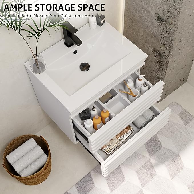 eclife 24" Floating Bathroom Vanity with Sink Combo Mid-Century Wall Mounted Cabinet with Wood Stripes Decor, Drawers, Undermount Sink, Faucet, Drain, Mixed White