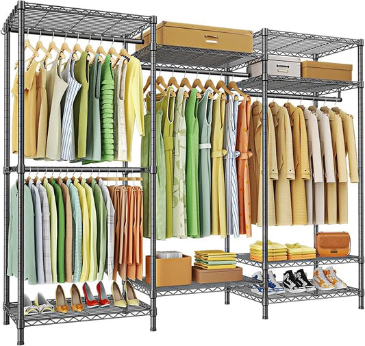 Ulif E13 Heavy Duty Clothes Rack（With 4 Hanger Rods & 8 Shelves） Freestanding Clothing Racks for Hanging Clothes，Adjustable Closet Organizer，Metal Garment Rack 63" W x16 D x77 H，Max Load 900LBS，Grey