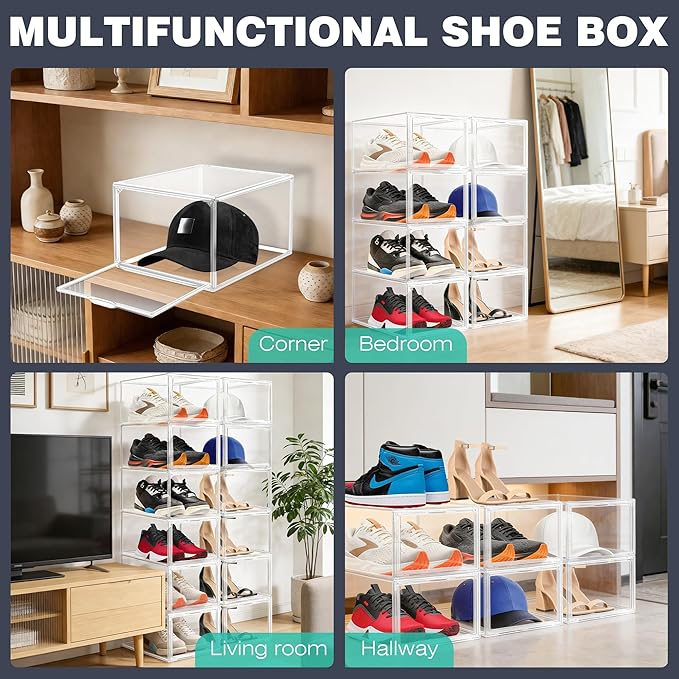 1 Pack Drop-Front Clear Shoe Storage Box Acrylic Box Shoe Organizer Size 13, Stackable Shoe Tower with Magnetic Door Large Storage Bins for Sneaker Containers Display & Closet Organization
