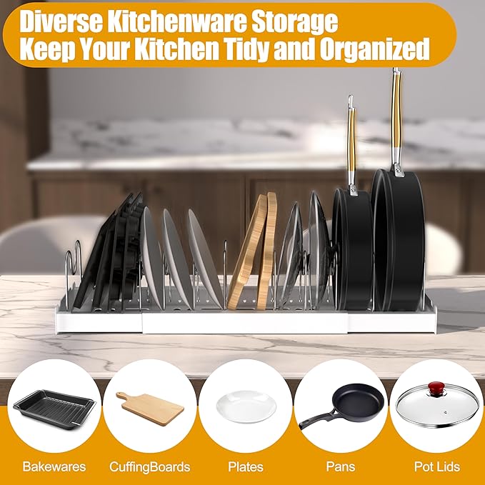 2 Pack Pots and Pans Organizer Racks Inside Cabinet, Expandable Pot & Food Container Lids Holder, Include 20 Stainless Steel Racks & White Plastic Base, Perfect for Kitchen & Countertop