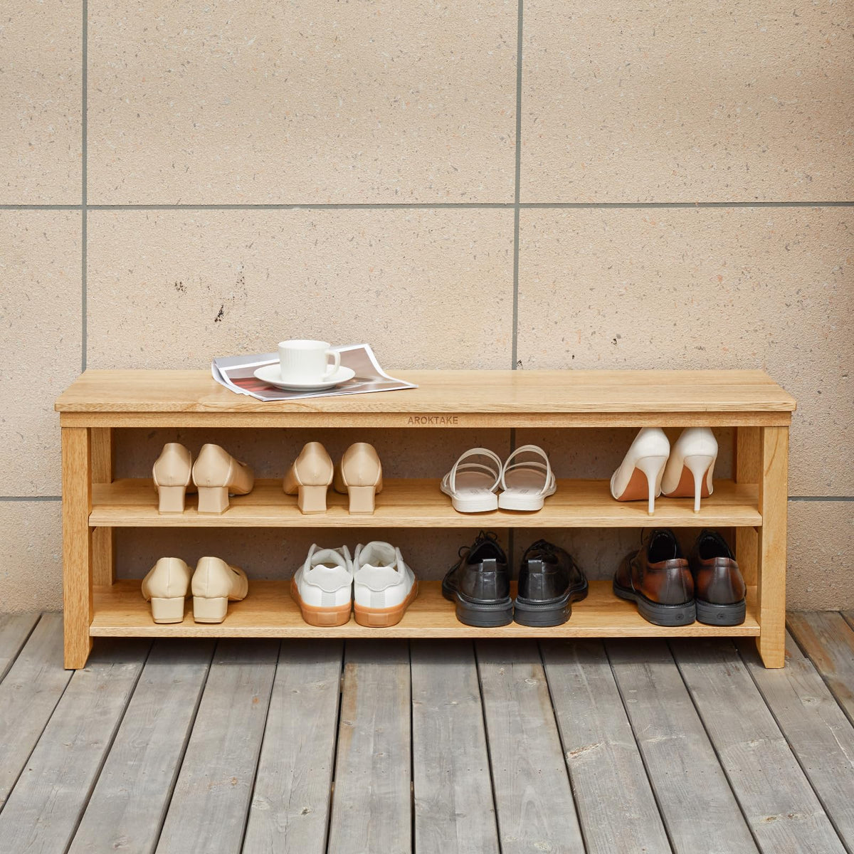 Natural Real Wood Shoe Rack Storage Bench, 11.81"x 45.7"x 16.54" - Image 1