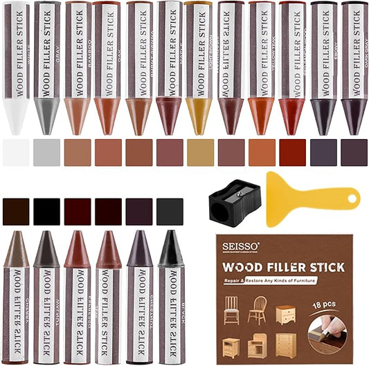 SEISSO Wood Furniture Scratch Repair Filler Sticks, 18 Colors Wax Sticks with Sharpener, Scratch/Dent/Crack/Mark/Stain Cover&Remover, Wood Touch Up Sticks for Floor, Table, Door, Cabinet (18 Color)