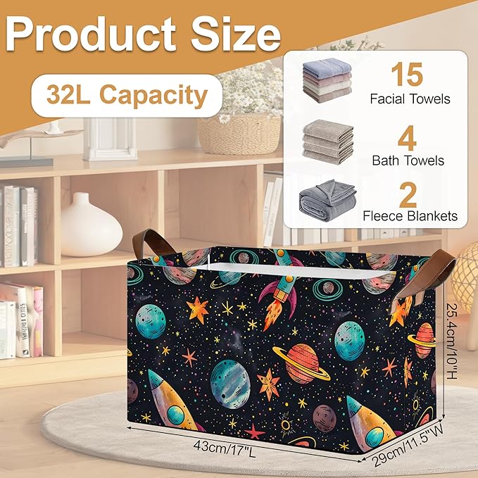 Decorative 32L Space Planet Storage Bins with Handles, Organization and Storage, Cube Storage Organizer for Hamper, Nursery