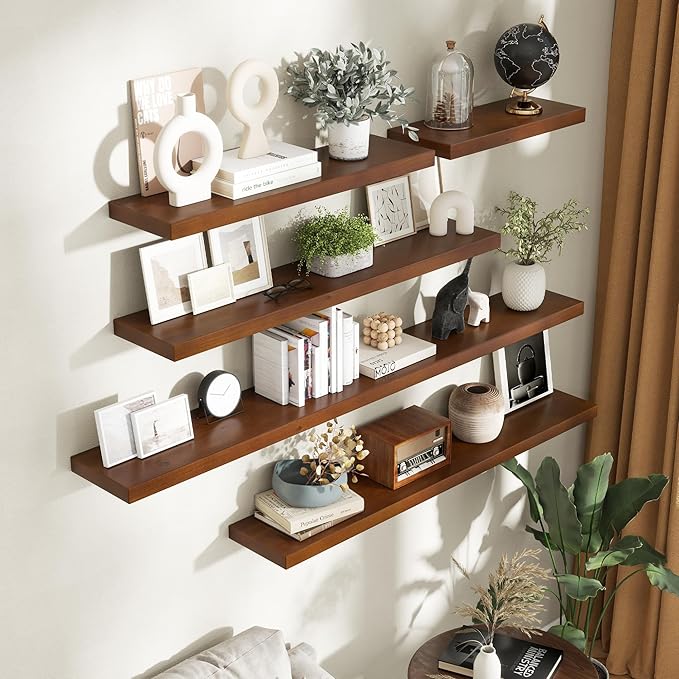 Floating Shelves for Wall, 55"Wx9.3"D USA-Sourced Douglas-Fir Solid Wood Rustic Wall Shelves with Heavy Duty Invisible Bracket, Nursery Book Storage Display Shelf for Bathroom, Set of 1, Walunt Finish
