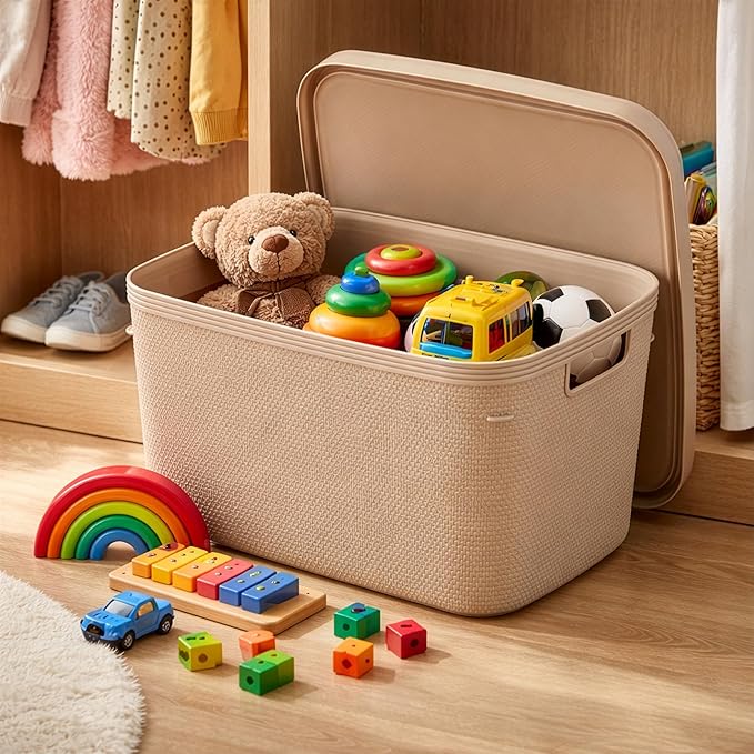BINO | Plastic Storage Bins with Lids, 20 Liter - 3 Pack, Taupe | THE TWILL COLLECTION | Plastic Bins for Organization | Woven Storage Baskets for Organizing | Pantry Shelf Organizer Basket Bin