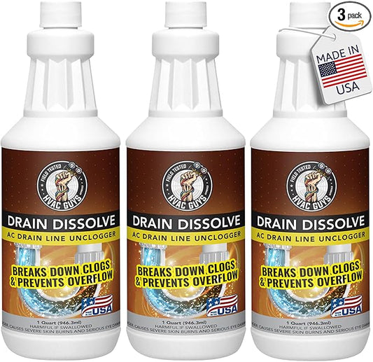 Drain Dissolve 3PK | AC Drain Line Cleaner & Unclogger | Heat Generating Alkaline Formula | Prevents Overflow | Clears Hair, Grease, Gunk - 32oz