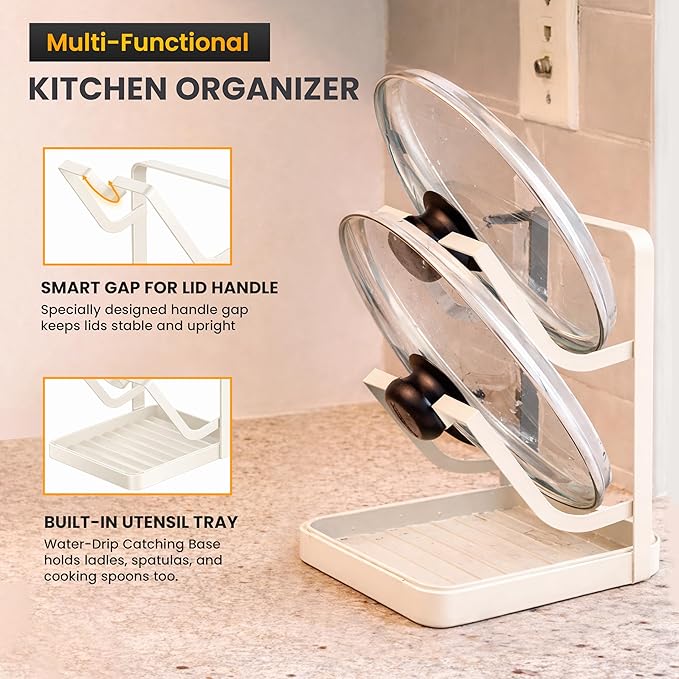 Pot Lid Holder with Removable Drip Tray, Multifunctional Double Layer Heavy Duty Pot Lid Organizer for Countertop, Kitchen Pot Lid Storage Rack for Covers, Cutting Boards, Utensils
