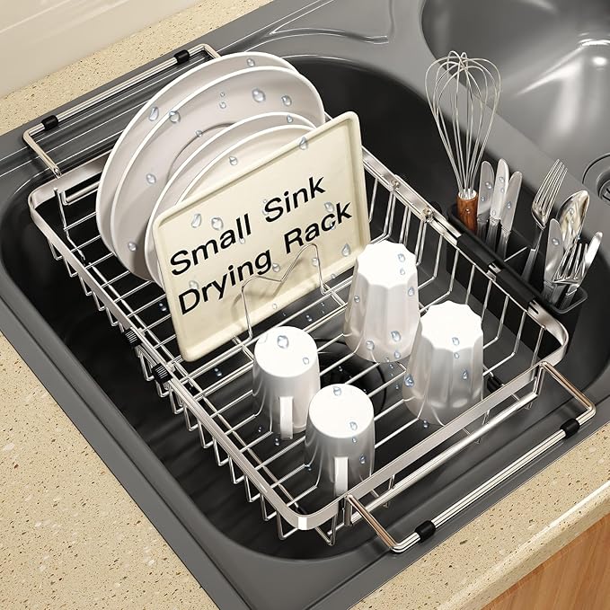 MAJALiS Small Expandable Over The Sink Dish Drying Rack Drainer In Stainless Steel Metal For Kitchen, Counter Space Saving Compact Plate Dryer Strainer Adjustable Hanging Inside Sink Wire Drain Holder