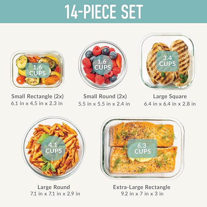 Bentgo Glass Leak-Proof Food Storage Set - 14-Piece Glass Containers with BPA-Free Airtight Lids, Reusable & Durable for Leftovers & Meal Prep - Microwave, Freezer, Oven & Dishwasher Safe (Soft Aqua)