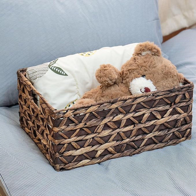 Rectangular Wicker Storage Basket with Iron Structure & Wood Accents, 15.75×11.42×7.09 Inches, Perfect for Home Organization