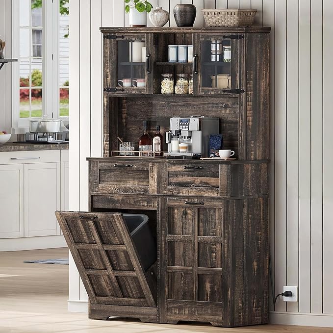 DWVO Kitchen Pantry Storage Cabinet with Tilt-Out Trash Can Fit 10 Gallon, Tall Farmhouse Kitchen Hutch Cabinets with Charging Station & Microwave Stand for Home Living Dining Room, Dark Rustic Oak