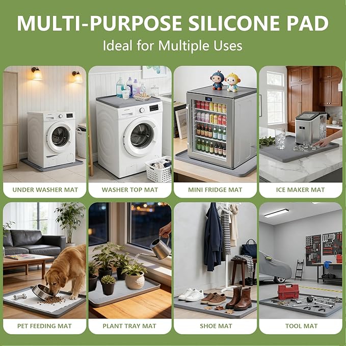 27×27×0.79inch Washing Machine Pan, With Raised Edge Washer Drip Tray, Drain Pan Silicone Mat, Foldable Portable Anti-Vibration Non-Slip Waterproof Pad, Textured Surface (Grey)