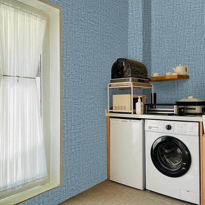 Peel and Stick Wallpaper Blue Grass Cloth Wall Paper - 15.7 x 98 Inch Self Adhesive Wallpaper Peel and Stick, Easy to Paste Wall Contact Paper for Stand Liner, Table and Door Makeover Decor
