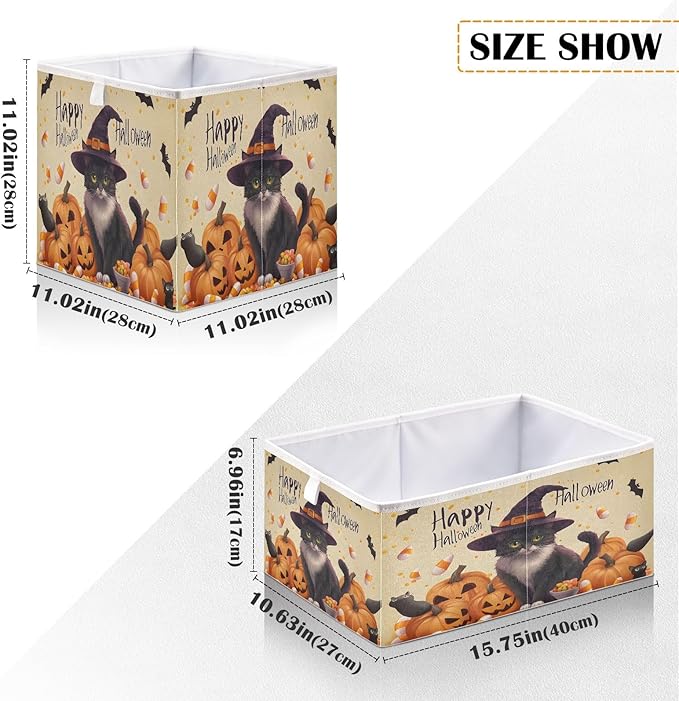 Bolaz A Stylish Cat in A Witch Hat Surrounded by Pumpkins Closet Organizers Storage Cubes Storage Bins Shelf Baskets Containers for Home Room Office,Square
