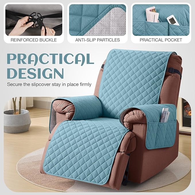 KinCam 100% Waterproof Recliner Chair Cover, Reclining Couch Covers for Pets, Dogs, Recliner Couch Slipcover Furniture Protector with Elastic Straps for Kids(25", Light Blue)