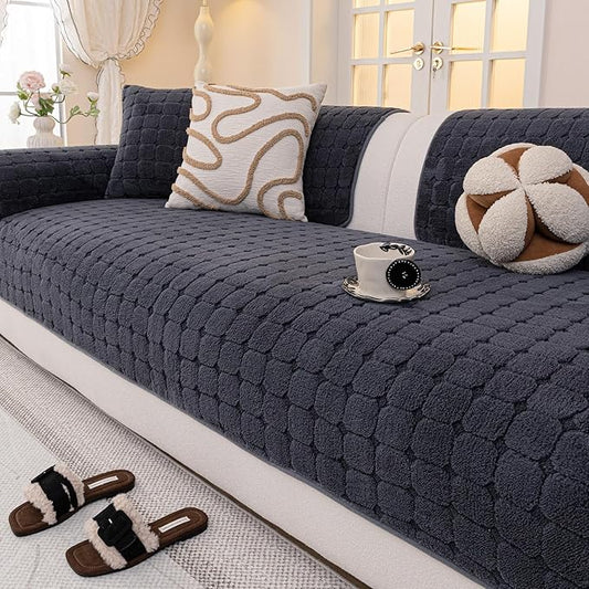 Velvet Sofa Covers Washable, Plush Warm Couch Cover for Single Seater Sofa, Funny Fuzzy Couch Covers for Pets&Kids, Non-Slip Sectional Sofa Cover(1PC, Dark Grey, 27.6"×27.6", Single Seater)