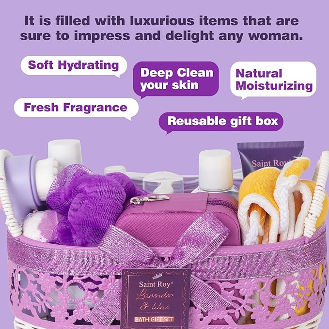 22 Pcs Lavender Bath and Body Gift Basket, Spa Gifts for Women Bath and Body Lavender Gift Set, Spa Kit Relaxing Bath Sets, Self-Care Set, Necklace, Birthday, Christmas, Mother Day, Anniversary