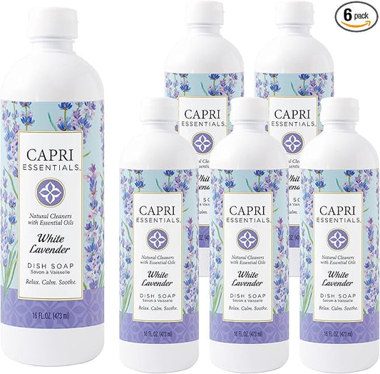 CAPRI ESSENTIALS Dish Soap Liquid, Natural Household Cleaning, Plant Based Aromatic Dish Detergent, Blend of Essential Oils with Juniper & Chamomile, White Lavender, 16 FL Oz (6 Pack)