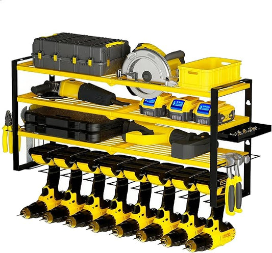 Power Tool Organizer Wall Mount – Metal Cordless Drill Storage Rack with 8 Slots, 4-Tier Adjustable Shelf for Garage, Workshop & Shed Yellow