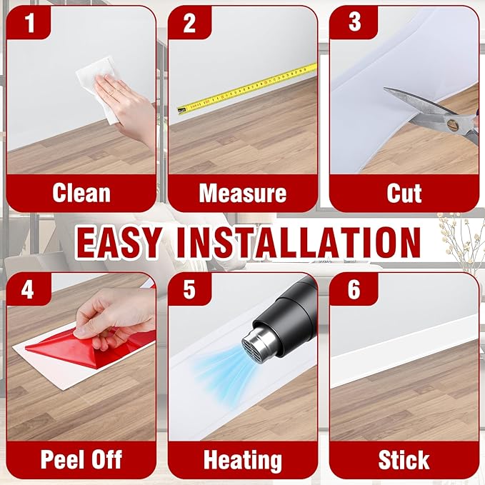Vinyl Baseboard Molding Trim 4 Inch x 200 Feet Peel and Stick Baseboard Trim Flexible PVC Cove Base Moulding Self-Adhesive Trim for Garage Bathroom Cabinet Floor Walls, White
