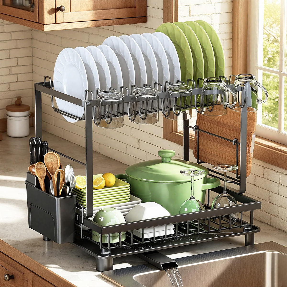 2-Tier Dish Drying Rack for Kitchen Counter, Space-Saving, Black - Image 1