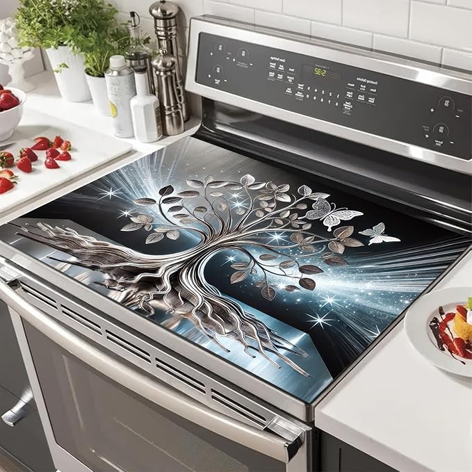 Tree Butterfly Stove Top Cover for Electric Stove Diatomite Dish Drying Mat Floral Embossed Kitchen Protector 28x20 Inch Heat Resistant Pad Coffee Station Mat