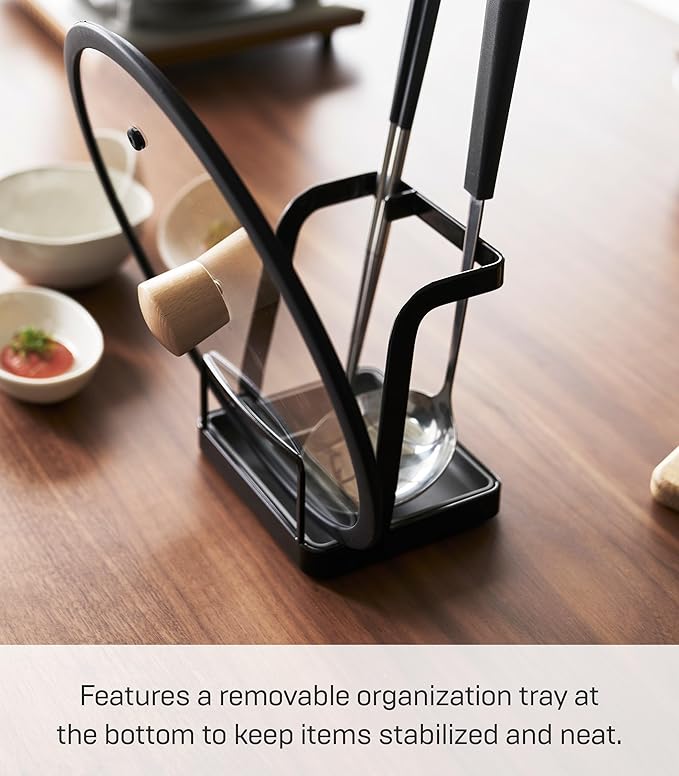 YAMAZAKI Home Tower Lid & Ladle Stand - Large, Kitchen Stand For Utensils, Lids, And Cookbooks, Heat-Resistant Kitchen Stand - Steel