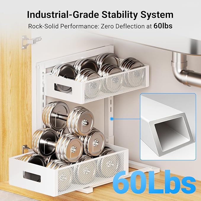 Pull-out Under Sink Organizer – Height Adjustable Metal Storage for Kitchen & Bathroom (White)