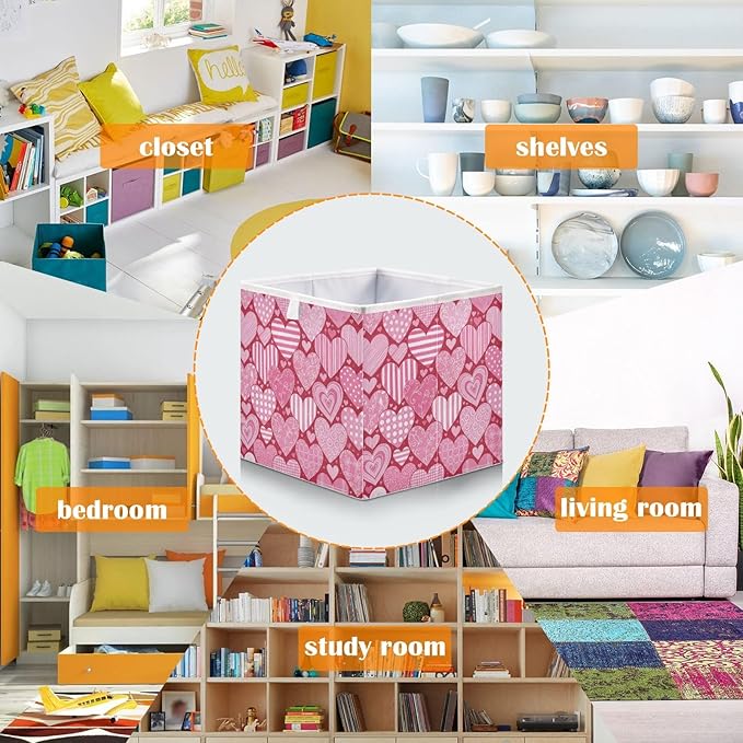 Bolaz Valentine's Day Different Hearts Closet Organizers Storage Cubes Storage Bins Shelf Baskets Containers for Home Room Office,Square