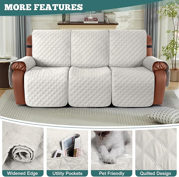 Ruaozz Waterproof Recliner Couch Covers, Sofa Slipcovers Washable 1-Piece Recliner Covers Non-Slip Furniture Protector with Elastic Straps Pocket for Kids Pets(Beige, 3 Seater)