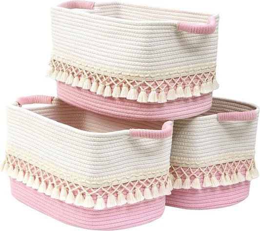 2 Pack Storage Basket for Shelves, Boho Cotton Rope Storage Bins with Heavy Tassel, Shelf Baskets Large Woven Baskets for Organizing, Cube Organizer Bins, Baby Laundry Basket for Clothes, Toys, Pets