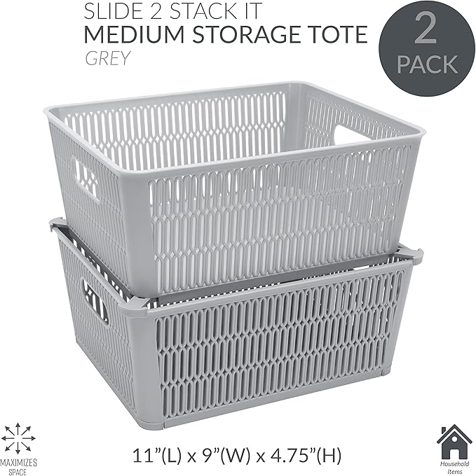 Simplify 4Pk Large Slide 2 Stack It Tote Basket | Storage & Organization | Open Bins with Stackable Capability | Bathroom | Crafts | Pantry | Playroom | Office | Grey (KIT-25930-GREY-4PK)