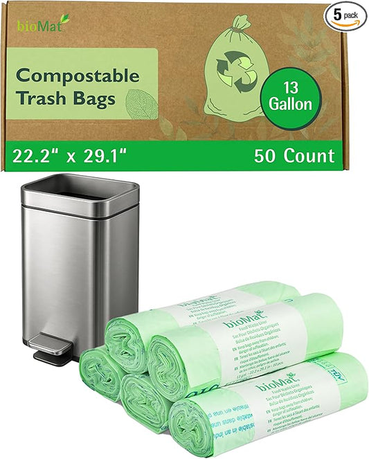 bioMat 13 Gallon Compostable Trash Bags, 50 Count, Tall Kitchen Compost bags for Food Waste, BPI ASTM D6400 and CMA Certified Kitchen Food Scrap Waste Bags