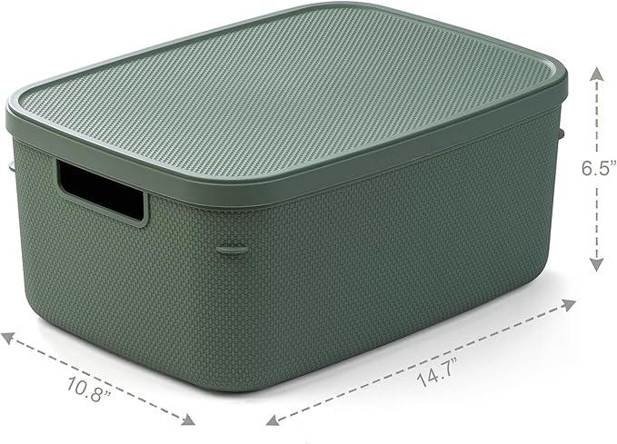 BINO | Plastic Storage Bins with Lids, 13 Liter - 3 Pack, Desert Green | THE TWILL COLLECTION | Plastic Bins for Organization | Woven Storage Baskets for Organizing | Pantry Shelf Organizer Basket Bin