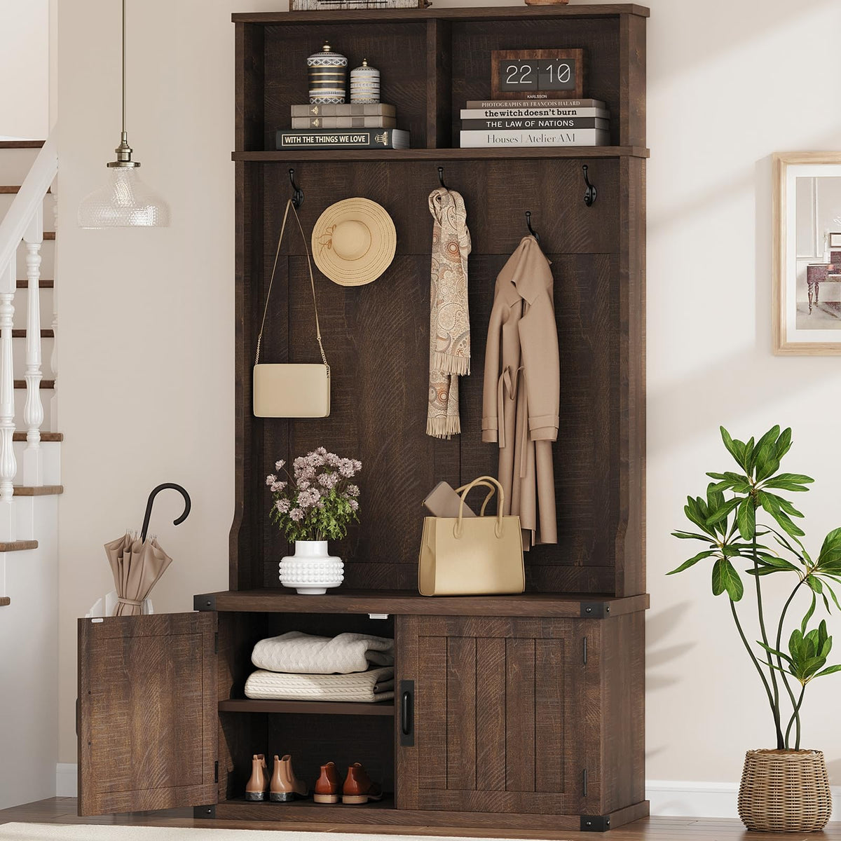 Garvee 77" H Farmhouse Hall Tree with Bench & Shoe | Home Organization - Image 1
