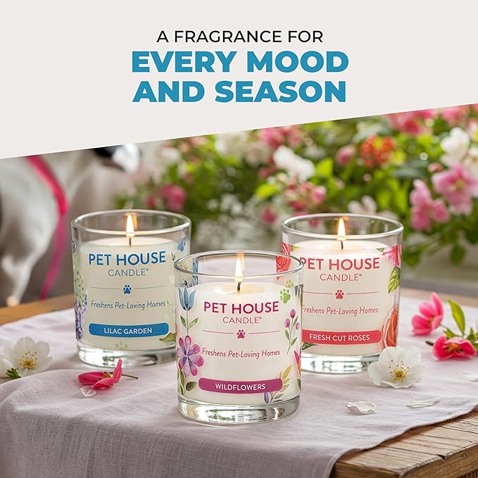 One Fur All Pet House Candle 2 Pack - Plant-Based/Soy - Clean Burning Scented, Long Lasting Pet Odor Candle for Home - Sunwashed Cotton
