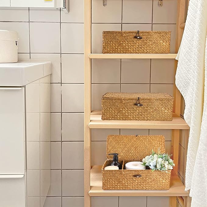 Hipiwe Seagrass Storage Basket Bin with Lid Rectangular Woven Shelf Baskets for Closets Bathroom Kitchen Shelf Organizing, Caramel, 14.2" x 6.3'' x 4.7''
