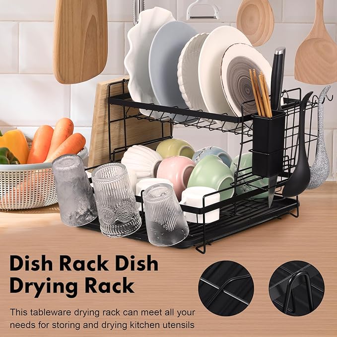 Large Capacity Double Tier Dish Drying Rack with Drainboard and Side Utensil Holder Over Sink Kitchen Counter Organizer for Bowls Plates Cutlery and Chopping Board Storage