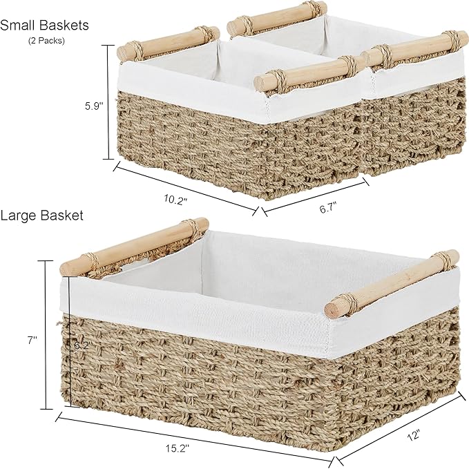 Vagusicc Wicker Storage Basket, 3-Packs Seagrass Storage Baskets for Organizing, Large Cube Storage Organizer Baskets Bins with Handles for Shelves Decor, Small Toilet Paper Storage Basket (Seagrass)