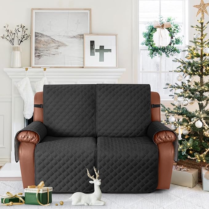 Ruaozz Waterproof Recliner Sofa Covers, 1-Piece Couch Covers for Reclining Couches Reclining Couch Cover Washable Furniture Protector with Elastic Straps Pocket for Kids Pets (Black, XL 2 Seater)