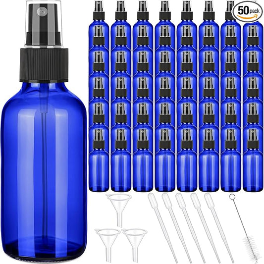 Nuogo 50 Pieces Mini Glass Spray Bottles Bulk 4 Oz Fine Mist Bottles with Funnel Dropper and Cleaning Brush Refillable for Essential Oils, Perfumes and Aromatherapy(Blue)