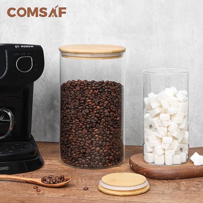 ComSaf Glass Food Storage Containers with Bamboo Lid (4.2Qt/1.5Qt), Glass Jar with Airtight Lid Clear Glass Food Canister Set of 2 for Dry food like Rice, Sugar, Flour, Pasta, Cereal, Beans, Nuts