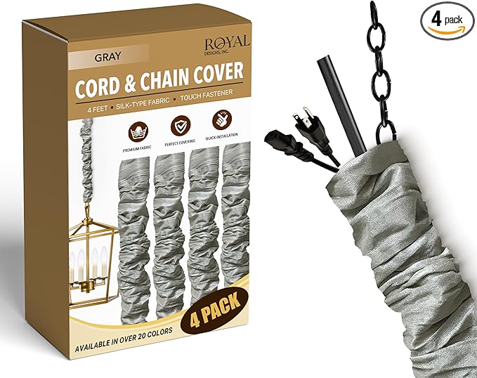 Royal Designs, Inc. Cord & Chain Cover 4 ft Silk Type Fabric, Chandelier Pendant Lighting Chain & Cable Management, Touch Fastener, Gray - 4 Pack