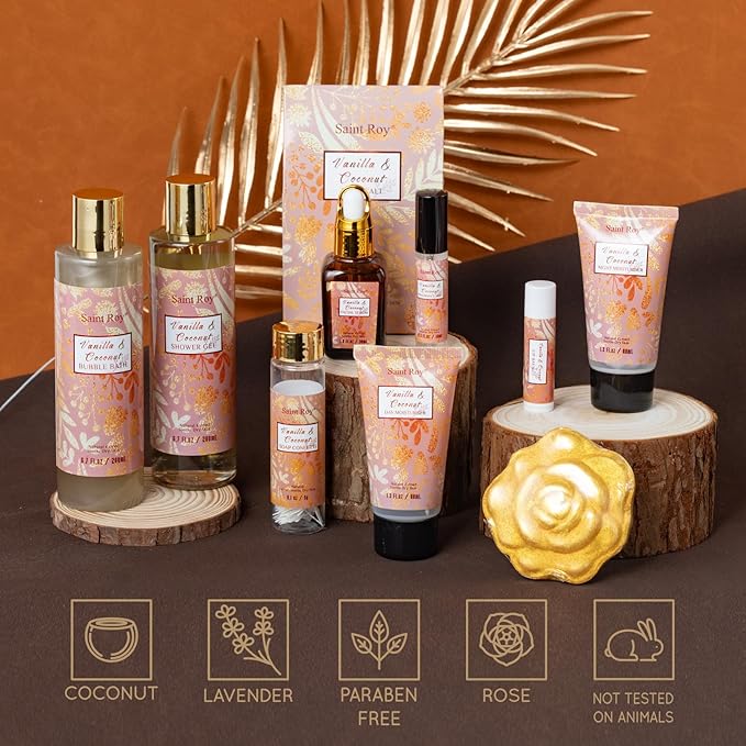 Valentines Day Gifts Luxury Gifts for Women, 16 Pcs Spa Gifts for Woman of Coconut Vanilla Scents Skin Care Kit, Facial Kit with Face Day Cream, Night Cream, Skincare Set in Makeup Storage Box