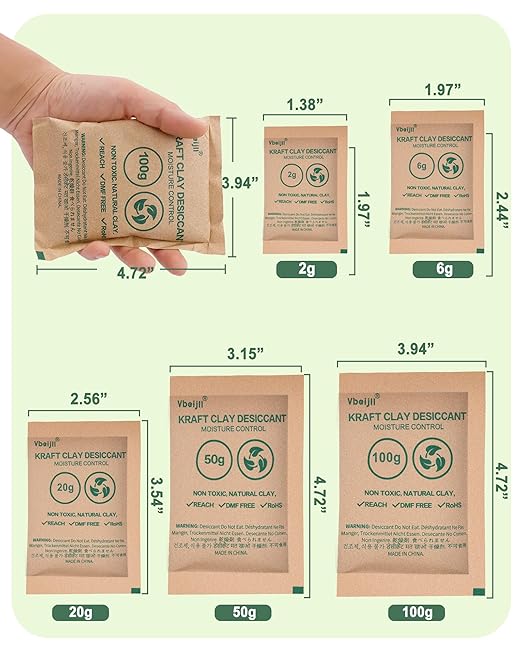 2 Gram (50 Pack) Kraft Clay Desiccants Packs, Premium Food Grade Desiccant - Rechargeable Moisture Absorbers for Food Storage, Electronics, 3D Filament & Safes