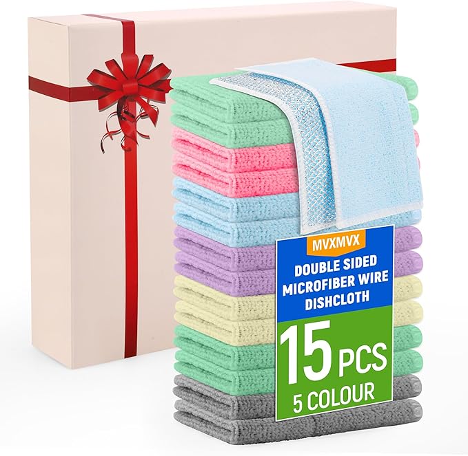 2-Sided Cleaning Dish Towels for Kitchen Microfiber Wash Cloths,15pcs Non Scratch Wire Dishcloth,Wire Dishcloth Home Essentials-Reusable Steel Wool Scrubber Washcloths,Set for Pans Sinks & Cookware