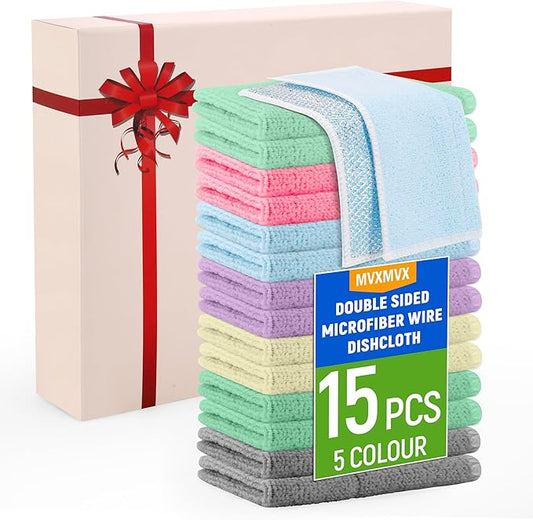 2-Sided Cleaning Dish Towels for Kitchen Microfiber Wash Cloths,15pcs Non Scratch Wire Dishcloth,Wire Dishcloth Home Essentials-Reusable Steel Wool Scrubber Washcloths,Set for Pans Sinks & Cookware