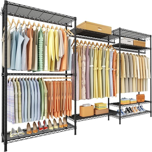 Ulif E13 Max Heavy Duty Clothes Rack（With 4 Hanger Rods & 8 Shelves） Freestanding Clothing Racks for Hanging Clothes，Adjustable Closet，Metal Garment Rack 86" W x16 D x77 H，Max Load 1100LBS，Black